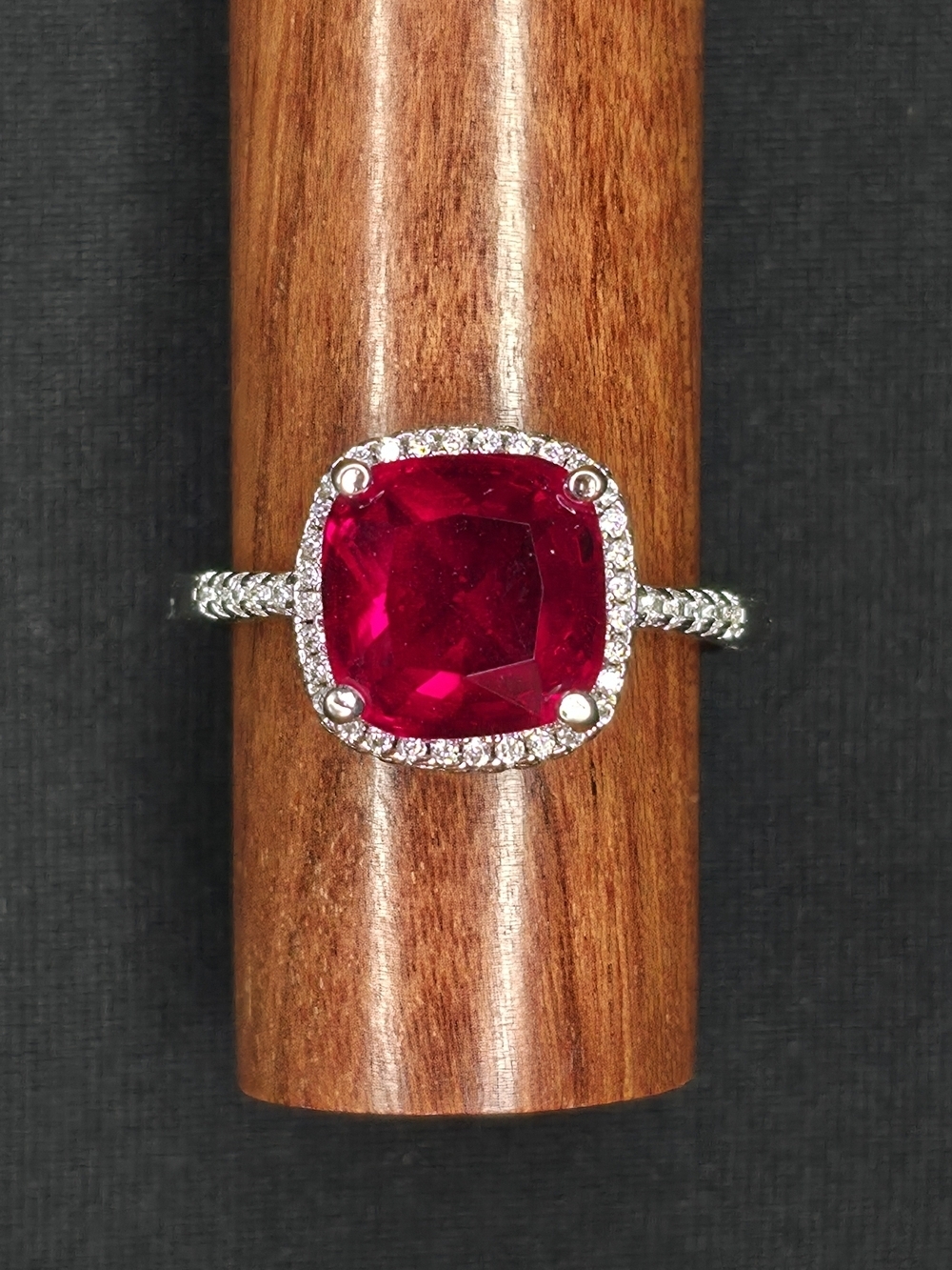 Source Unknown Lab Created Ruby Cushion Halo Statement Ring 925 Sterling Silver